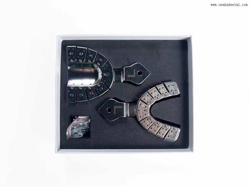 صواني انطباع زراعة الأسنان الاحترافية في صندوق مصنوع من صواني انطباع الأسنان المصنوعة من الفولاذ المقاوم للصدأ عالي الجودة