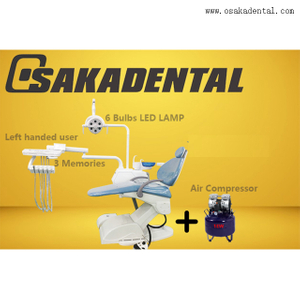 كرسي طبيب أسنان باللون الأزرق لمستخدمي اليد اليسرى مع مادة ألجينات انطباع الأسنان